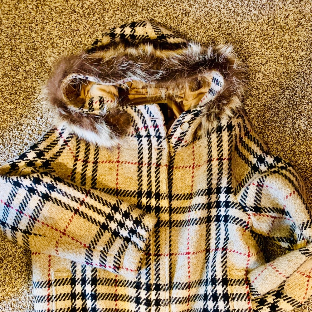 Authentic Burberry Wool Coat with Fur Hood Trim